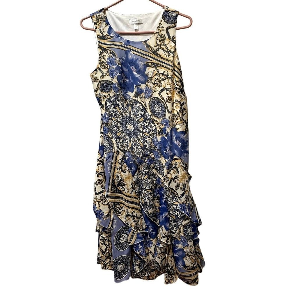 Dressbarn Blue Floral Baroque Scarf Print Ruffle Tiered Sleeveless Dress 10 E1